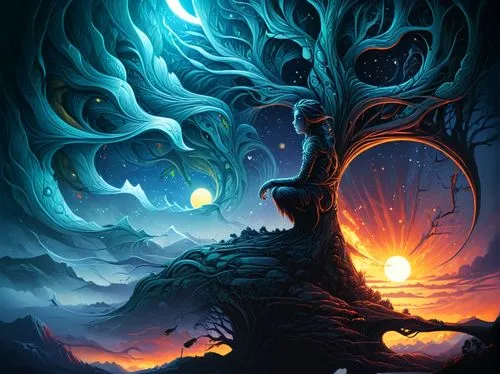 tree of life with a person standing on it,tree of life,magic tree,burning tree trunk,ignagni,tree torch,celtic tree,Illustration,Realistic Fantasy,Realistic Fantasy 25