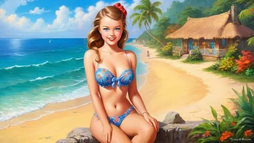 pin-up girl,retro pin up girl,pin up girl,pin-up girls,beach background,retro pin up girls,hawaiiana,candy island girl,pin up girls,pin ups,pin-up model,polynesian girl,donsky,blue hawaii,beach landscape,beach scenery,beachcomber,tretchikoff,christmas pin up girl,watercolor pin up