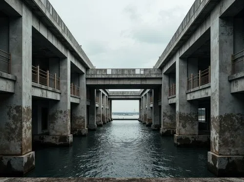 Exposed concrete piers, rugged stone foundations, robust steel beams, industrial-style railings, weathered wooden decking, brutalist architecture, geometric shapes, monolithic forms, raw concrete text