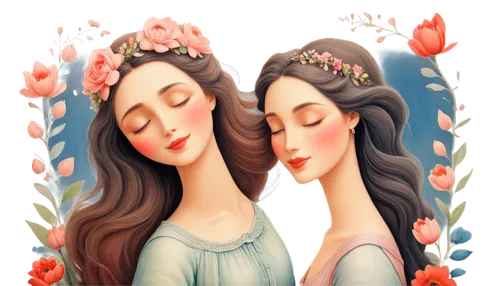 jasmine flowers,jasmine blossom,princesses,twin flowers,fairy tale icons,two girls,jasmine flower,floral wreath,porcelain dolls,wreath of flowers,floral greeting card,flower and bird illustration,romantic portrait,blooming wreath,ao dai,jasmine,flower crown,fairytale characters,flower painting,braiding,Illustration,Abstract Fantasy,Abstract Fantasy 16