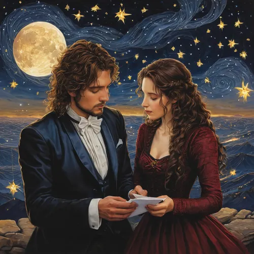 romantic portrait,romance novel,romantic scene,flightless bird,the moon and the stars,young couple,serenade,romantic night,beautiful couple,fantasy picture,cd cover,a fairy tale,courtship,prince and princess,hymn book,artists of stars,way of the roses,fairy tale,oil painting on canvas,throughout the game of love,Conceptual Art,Daily,Daily 05