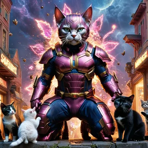 marvel Galactus kneel down to see amazed by a cute female cat with ther kittens while citizens watching it in awe,the avengers is surrounded by cats standing around,korin,thunderpuss,supercat,cat warr