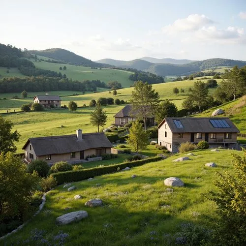 Rural countryside, rolling hills, lush green pastures, wooden farmhouses, traditional thatched roofs, natural stone walls, earthy tones, blended landscape, ecological balance, sustainable design, rene