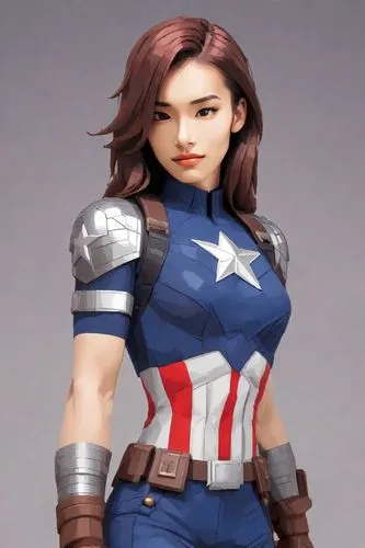  Heavy makeup, messy dyed hair, angular cheekbones, small eyes, thin lips, low nose, upper body,a beautiful woman with an avengers outfit standing next to her,capitanamerica,jamerica,captain american,