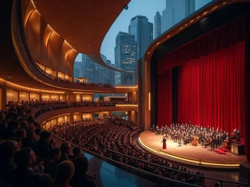 Granite, urban performing arts center, modern architecture, sleek lines, geometric shapes, polished floors, walls, columns, stairs, auditorium interior, stage, spotlight, red velvet curtains, gold acc