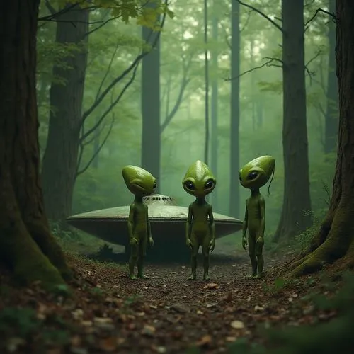 Only Aliens! Sci-fi movie: "Little Green aliens with Pointed Heads!"__1950s_style, cliche alien creatures (green with pointed heads!) standing in front of a crashed flying saucer type spaceship, setti