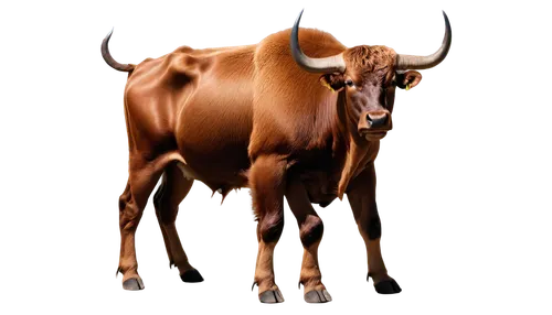 Bull, muscular, strong, fierce eyes, sharp horns, brown fur, rugged texture, powerful legs, aggressive stance, solitary, dramatic lighting, low-angle shot, cinematic composition, shallow depth of fiel