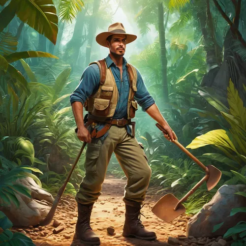 ancient ruins, excavation site, archaeologist character, male, holding shovel, wearing khaki vest, wide-brimmed hat, leather boots, digging action, historical artifacts, pottery shards, bones, fossils