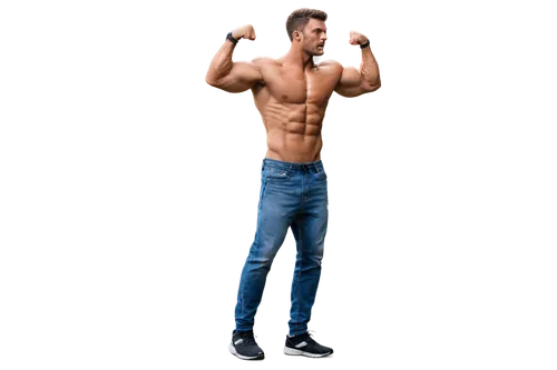 Muscular man, fitness model, back muscles, shirtless, sweaty skin, ripped jeans, athletic shoes, intense facial expression, flexing, outdoor gym, natural light, shallow depth of field, warm color tone