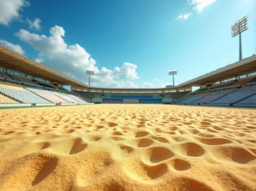 Sand material, sports field design, athletic stadium, natural turf, soccer field, American football field, rugby field, running track, tennis court, golf course, beach volleyball court, sandpit area, 