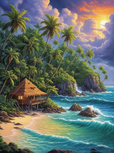 beach landscape,tropical beach,tropical sea,tropical island,an island far away landscape,coastal landscape,luau,landscape background,tropical house,dream beach,south pacific,beach scenery,paradise beach,tahiti,ocean paradise,coconut trees,java island,idyllic,mountain beach,ocean background,Conceptual Art,Daily,Daily 28