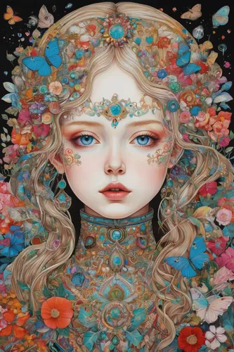 amano,girl in flowers,shirakami-sanchi,flower fairy,kahila garland-lily,fallen petals,wreath of flowers,girl in a wreath,opal,flower wall en,falling flowers,masquerade,petals,artist doll,coral bells,blooming wreath,orange blossom,sea of flowers,forget me not,flora,Illustration,Abstract Fantasy,Abstract Fantasy 04