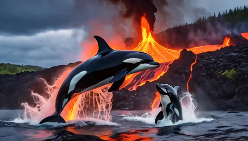 killer whale,orca,lava flow,volcano pool,oceanic dolphins,dolphins in water,dolphin background,volcanic landscape,lava river,volcanic activity,lava,fire and water,volcanic field,active volcano,marine 