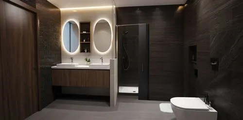 modern bathroom with dark and light themes in tiles, vanity with 2 basins and mirrors and a door. make the basin wall as the highlight wall and the floor and wall to be with dark colored tiles,the mod