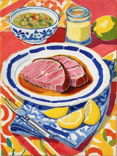 Write a recipe for a gourmet tuna steak with a tangy lemon butter sauce.,jamón,pot-au-feu,béarnaise sauce,corned beef,leberkäse,prosciutto,placemat,jamón serrano,tuna steak,tataki,saltimbocca,carpacci