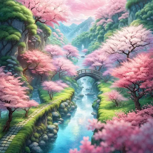 sakura trees,japanese sakura background,fantasy landscape,sakura tree,japan landscape,spring background,sakura background,landscape background,sakura blossom,springtime background,sakura blossoms,cartoon video game background,watercolor background,scenic bridge,japanese floral background,dragon bridge,fairy world,spring blossoms,the cherry blossoms,japanese cherry trees