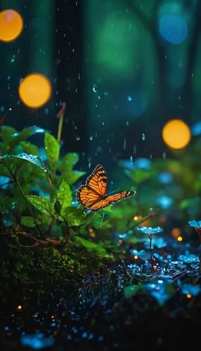 (((masterpiece))),(best quality),((ultra-detailed)),professional,gimicalmas,35mm photograph,4k,fairy forest in the middle of the night it's raining,lay summer,night,rain,macro_shot,colorful details,na