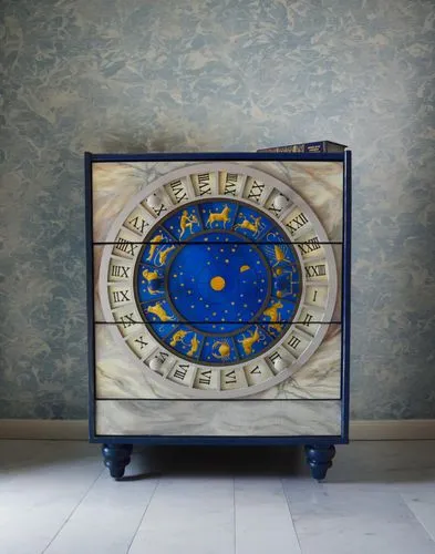 chest of drawers in a blue room with celectial wallpapers, white marble floors,attache case,astronomical clock,european union,leather suitcase,chest of drawers,euro sign,old suitcase,luggage compartme