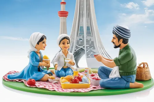 Imagine a joyous family picnic near Azadi Tower on a sunny day.,holy family,christmas crib figures,muslim holiday,religious celebration,marzipan figures,iranian nowruz,lotte world tower,nativity of je