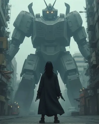 A photo of Sasuke Uchiha in the streets of Tokyo. He is standing on his two feet with long black hair and wearing dark . In front of him, there is a gigantic robot destroying buildings. The atmosphere