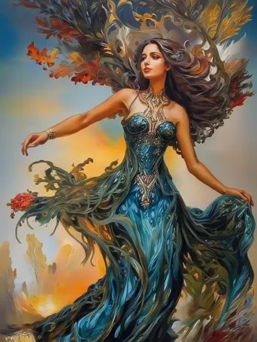 faerie,fantasy art,faery,fantasy picture,fairy queen,fantasy woman,blue enchantress,girl in a long dress,fairies aloft,fantasy portrait,little girl in wind,dryad,mystical portrait of a girl,mother earth,the wind from the sea,the enchantress,fairy peacock,celtic woman,gracefulness,girl with tree,Illustration,Paper based,Paper Based 04