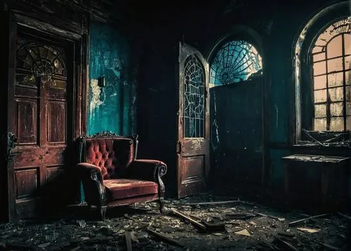 Dark atmosphere, mysterious abandoned place, broken furniture, shattered glass, eerie silence, dimly lit, shadows on walls, old rusty door, creepy vibe, horror theme, no characters, empty space, broke