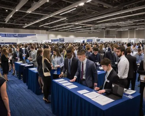 Penn State Architectural Engineering Career Fair, indoor scene, University Park campus, modern architecture building, students in business attire, men with suit and tie, women with blazers and heels, 