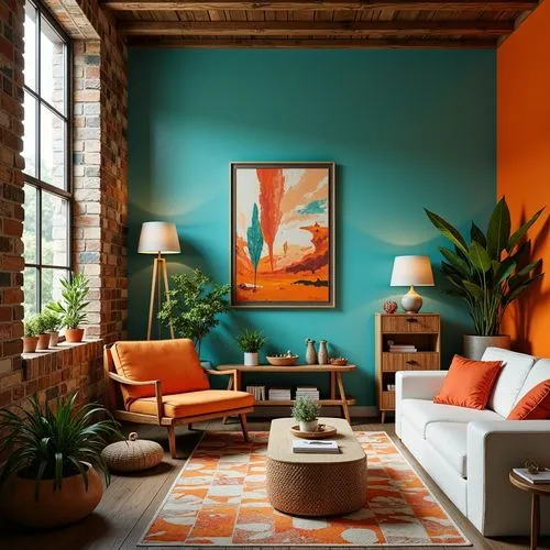 teal and orange,sitting room,livingroom,living room,mid century modern,interior design,interior decor,turquoise leather,modern decor,contemporary decor,interior decoration,apartment lounge,color turquoise,loft,saturated colors,great room,mid century house,mid century,vibrant color,bohemian art