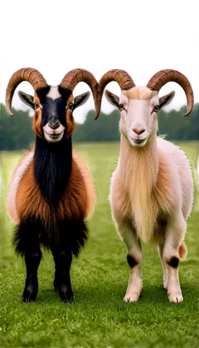 Two goats, standing back to back, white and brown fur, curved horns, gentle eyes, soft nose, fluffy beard, standing on green grass, morning sunlight, warm tone, shallow depth of field, cinematic compo