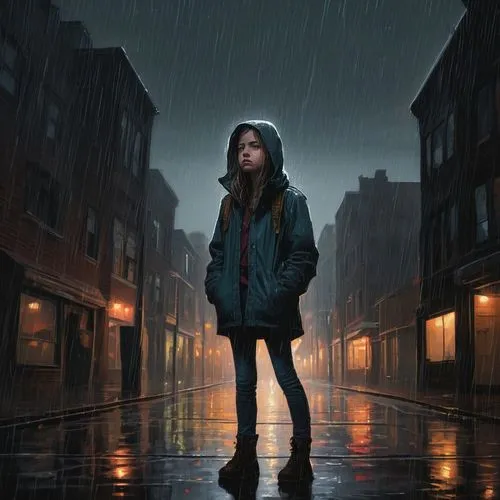 walking in the rain,crewdson,little girl with umbrella,girl walking away,in the rain,world digital painting,sci fiction illustration,donsky,girl in a long,rainy,heavy rain,monsoon,young girl,lluvia,mystical portrait of a girl,rainfall,city ​​portrait,girl praying,the little girl,photoshop manipulation,Illustration,Paper based,Paper Based 01