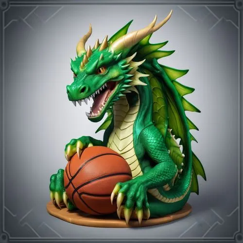 Um dragão verde sentado segurando uma bola de basquete, em uma foto realista.,basketmaker,unicaja,diamantidis,dragones,asvel,dragonja,dragon of earth,bargnani,basketball player,jianlian,darragon,pietr