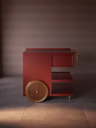 Change background into a minimal lxurious palace entrance,red wooden object in an empty room with light,courier box,attache case,barrel organ,letter box,credenza,savings box,Photography,General,Realis