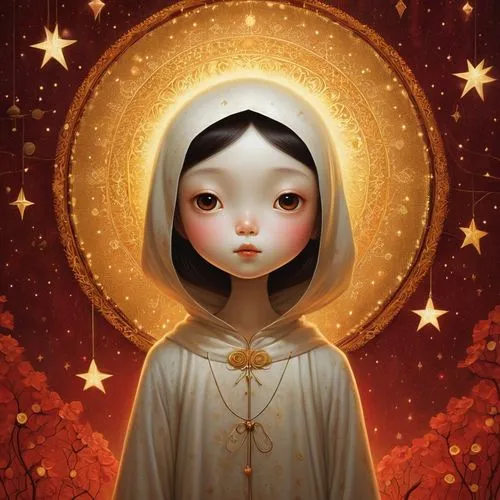 mystical portrait of a girl,priestess,mary-gold,star mother,fantasy portrait,golden apple,gemini,joan of arc,zodiac sign libra,the prophet mary,golden crown,baroque angel,pierrot,christ star,angel,golden heart,the angel with the veronica veil,falling star,saint,the nun,Photography,General,Realistic