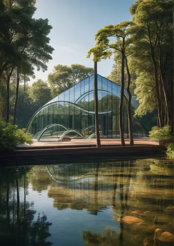 Beautiful building, glass, roof, trees in the background, water in front.,palm house,the palm house,mirror house,hahnenfu greenhouse,greenhouse,kew gardens,conservatory,greenhouse effect,aviary,frame 