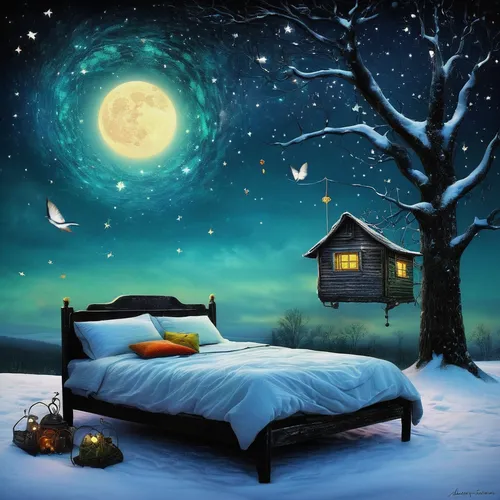 romantic night,sleeping room,night scene,snowhotel,duvet cover,moon and star background,winter dream,dreamland,moonlit night,fantasy picture,winter house,blue pillow,houses clipart,home landscape,bedding,dream world,bed in the cornfield,children's background,winter background,starry night,Illustration,Abstract Fantasy,Abstract Fantasy 01