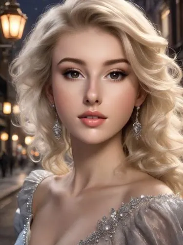 A real-life blonde of Midnight Cinderella in a moonlit urban street, dramatic, photorealistic,white rose snow queen,celtic woman,cinderella,elsa,miss circassian,realdoll,romantic look,blonde woman,bri