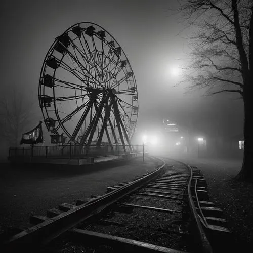 horrorland,dark park,joyland,ghost train,fairground,prater,amusement park,boomerang fog,roue,playland,darktown,frightmare,wunderland,eeriness,walibi,funfairs,dense fog,metroland,eerie,foggy,Photography,Black and white photography,Black and White Photography 01