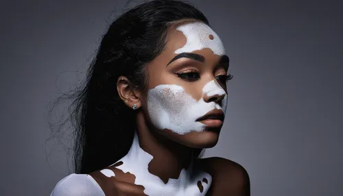 Imagine a photoshoot featuring a model with vitiligo embracing her unique beauty.,beauty mask,face mask,clay mask,facial,face cream,skin cream,retouching,baking soda,african american woman,face powder