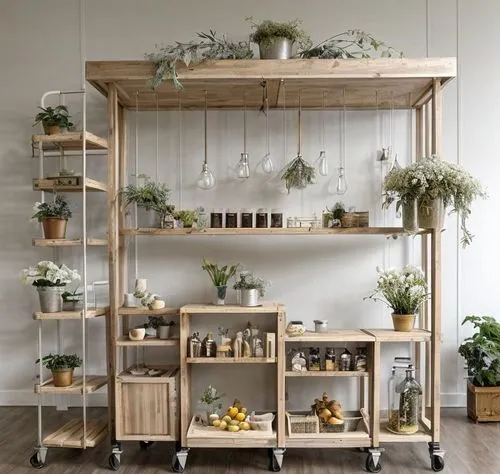 Design a "shop-in-shop" concept inspired by a modern, rustic liqueur stand, utilizing light wood and neutral colors to create a fresh and inviting aesthetic. The compact and mobile structure will feat