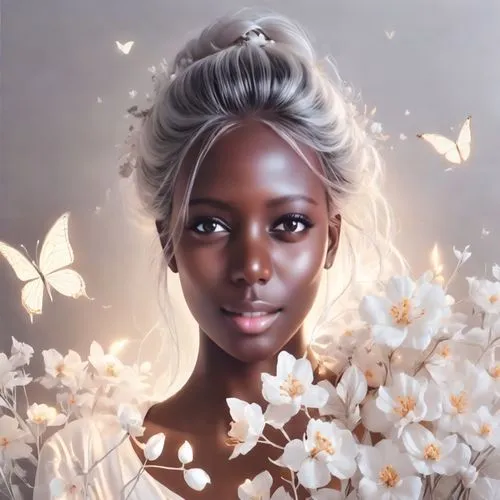 fantasy portrait,flower fairy,white butterflies,portrait background,mystical portrait of a girl,linden blossom,girl in flowers,butterfly white,white butterfly,white blossom,african american woman,faerie,flora,faery,beautiful girl with flowers,vanessa (butterfly),romantic portrait,world digital painting,butterfly background,flower girl