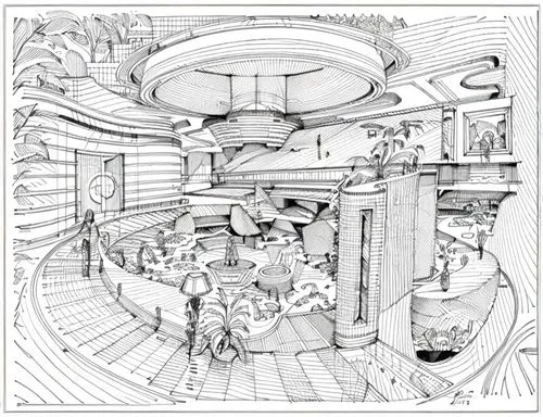 orrery,engine room,circular staircase,maya civilization,copernican world system,panopticon,compartment,sci fiction illustration,camera illustration,the boiler room,hand-drawn illustration,ufo interior