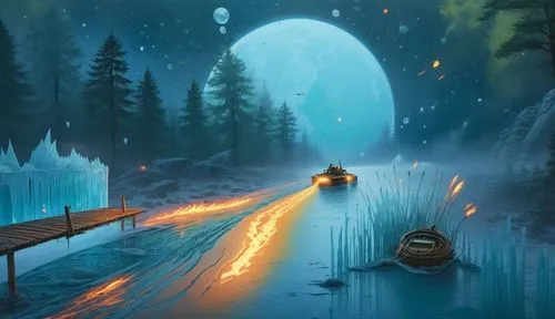 ice  time,a boat floats in a river, illuminated by fire,icewind,fantasy picture,fantasy landscape,cartoon video game background,oxenhorn,slippery road,Illustration,Realistic Fantasy,Realistic Fantasy 