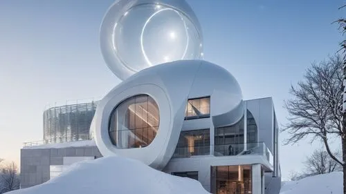 snow covered building with glass windows on the outside,snowhotel,snow ring,steel sculpture,bjarke,futuristic architecture,cubic house,Photography,General,Realistic