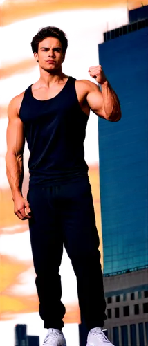 Motivational poster, strong athletic man, muscular arms, determined facial expression, black tank top, sweatpants, white sneakers, standing, fist clenched, city skyscraper background, warm sunset ligh