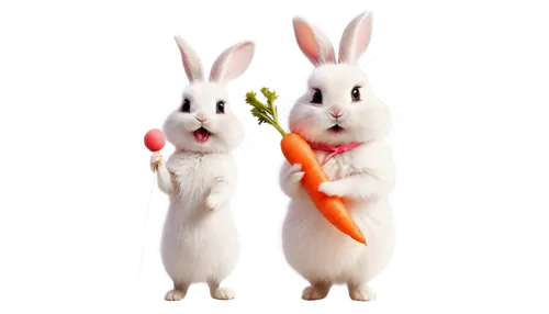 Cute rabbit, cartoon style, fluffy ears, twitching whiskers, big round eyes, soft pink nose, white fur, pink belly, standing on hind legs, holding carrot stick, morning sunlight, warm color tone, 3/4 