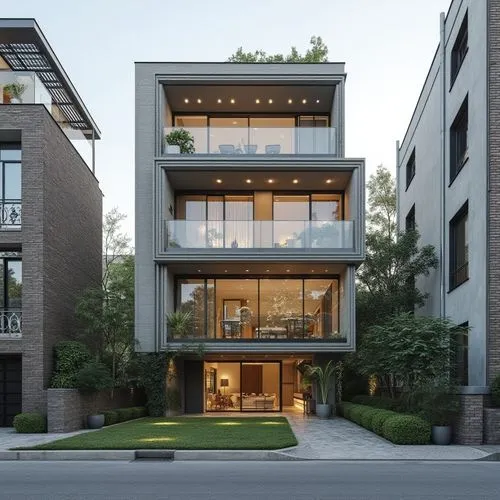 two tall apartment buildings in the middle of a town,townhome,modern house,modern architecture,contemporary,kundig,townhouse