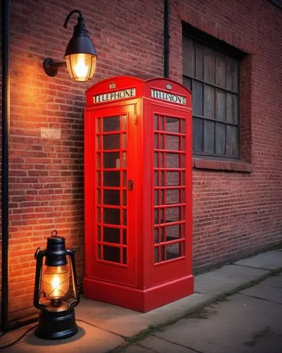 复古电话亭旧报纸红砖墙煤油灯,a red phone booth sitting in front of a building,phone booth,payphone,telephones,vintage lantern,telephone,pay phone,Illustration,Retro,Retro 04