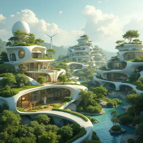 ecotopia,futuristic landscape,futuristic architecture,terraformed,floating islands,arcology,seasteading,ecovillages,biospheres,earthship,sky space concept,terraforming,biomes,treehouses,roof domes,artificial islands,alien world,cube stilt houses,biosphere,floating island,Photography,General,Realistic