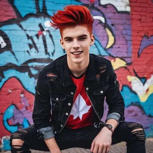 a young vampire guy, with vampire teeth, with red hair, in a red t-shirt, black ripped jeans, black ripped jeans jacket,a boy sitting with his skateboard and graffiti on the wall behind him,sugg,hellb