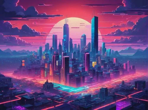 synth,cybercity,digitalism,cityscape,cybertown,colorful city,futuristic landscape,fantasy city,cyberpunk,metropolis,cyberia,futurepop,cyberworld,cyberport,cyberscene,80's design,city skyline,polara,dusk background,nima,Illustration,Vector,Vector 07